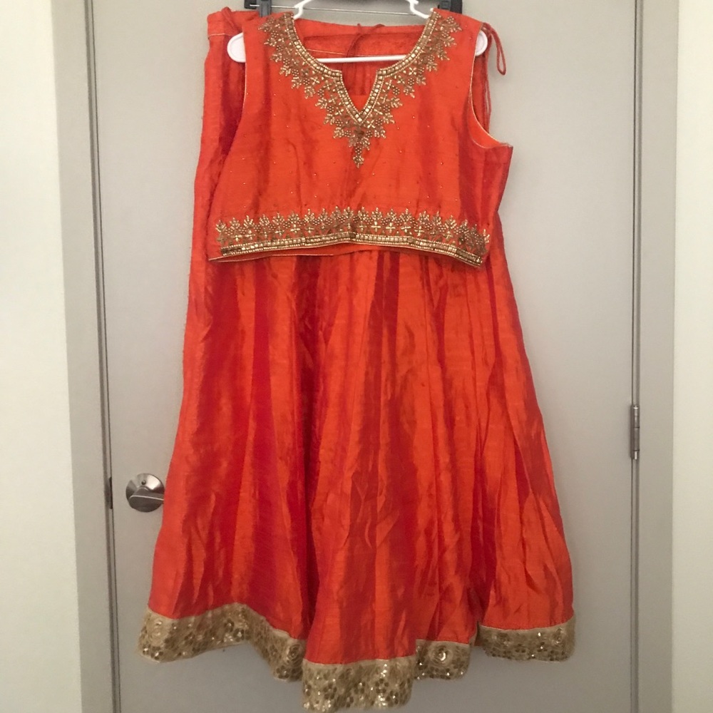 Orange Lehenga with gold beading & gold scarf